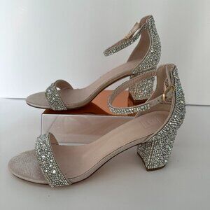 DB Studio Allover Crystal Glitter Block Heel Wedding Shoes Sz 8W Champagne